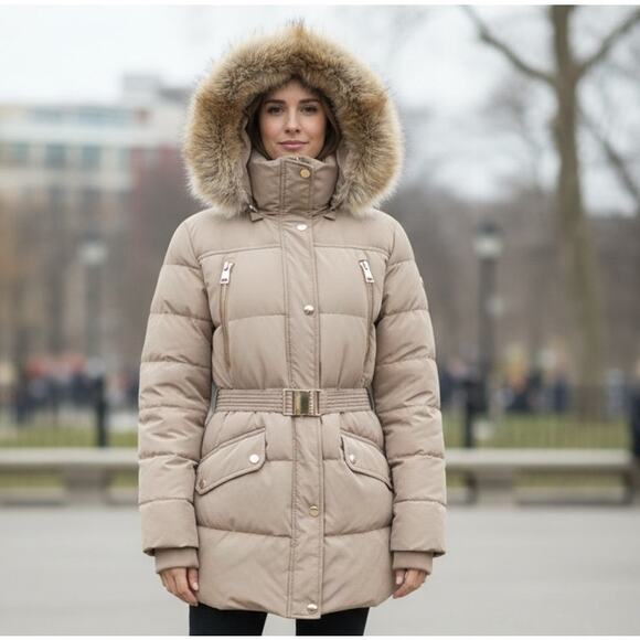 Michael Kors Jackets & Blazers - MICHAEL KORS Down Hooded Belted Puffer Coat Size M Water Resistant Zip Closure
